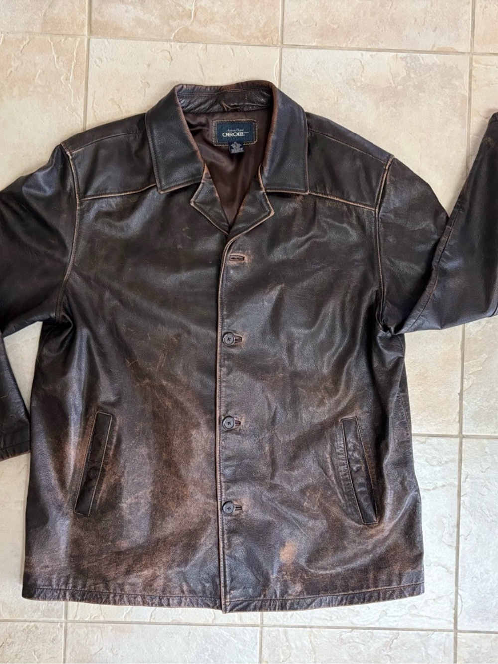 Cherokee Men's Brown Leather Button-Front distressed Bomber Jacket size XL